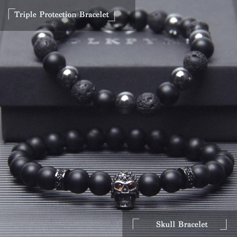 [Australia] - Black Obsidian Bracelet for Men - Black Tourmaline Beaded Bracelets - Mens Bracelet Set 8MM Black Onyx Hematite Lava Stone Beads Triple Protection Bracelet for Men Women Gifts Skull 