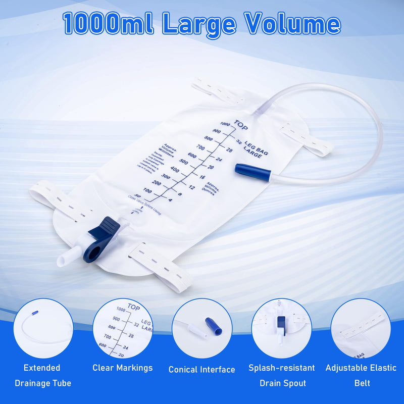 [Australia] - 1000ml Catheter Leg Bags, Urinary Drainage Bag for Men Women with Anti-Reflux Valve, 18‚Äù Tubing and Adjustable Cloth Straps, Easy Flip Drain (Pack of 5) 1000 ML - 5 Pack 