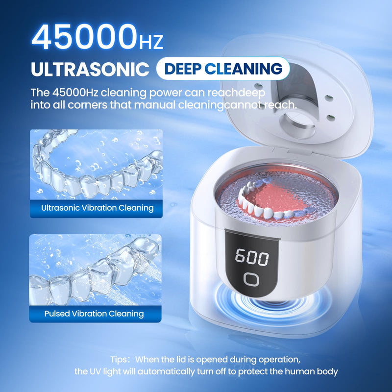 [Australia] - 45kHz Ultrasonic Retainer Denture Cleaner Machine, Fast Cleaning for Aligners, Mouth Guards, Braces, Toothbrush Heads & Jewelry, 200ML Dental Cleaning Pod, 4 Modes & Digital Timer (White) White 