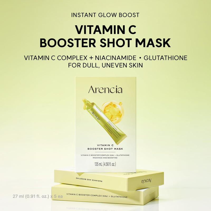 ARENCIA Vitamin C Booster Sheet Mask, Hydrating Face Mask with Glutathione & Niacinamide, Supports Even-Looking Skin Tone & Smooth Texture, 5 Sheets