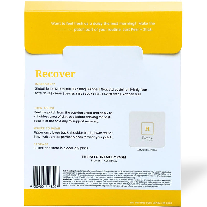 The Patch Remedy Recover Patch - 30 Topical Patches for a Night Out with Glutathione & Milk Thistle Extract for Pre & Post Party Recovery Relief Support
