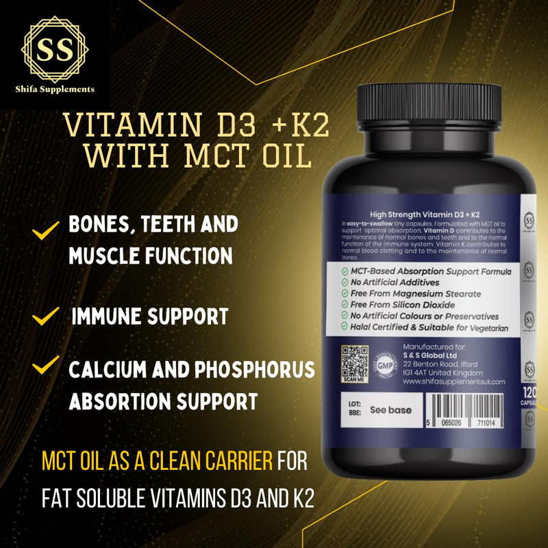 Vitamin D3 4000 IU + K2 100mcg with MCT Oil | 120 Tiny Capsules, Pure Formula, Excipient & Filler Free | Halal Certified, Vegetarian, Non GMO | Bones, Teeth & Immunity