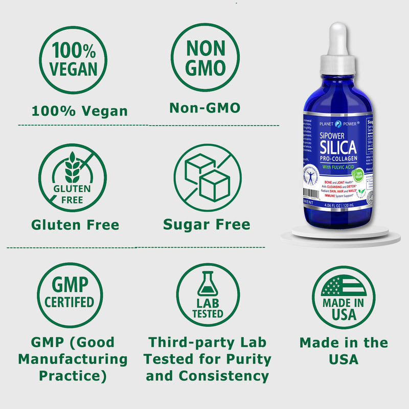 SiPower Silica Vegan Collagen, Supplement Drops-Liquid Mineral Orthosilicic Acid (CH-OSA) + Fulvic Acid. Natural Collagen Booster for Joints, Bones, Hair, Skin, Nails, Immune & Digestive Health-4oz