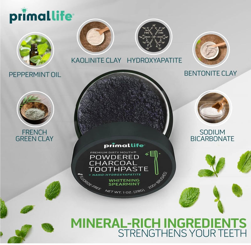 [Australia] - 2 Pack of Primal: Life Organics! - Dirty Mouth Toothpowder, Activated Charcoal Tooth Cleaning Powder, Essential Oils with Kaolin & Bentonite Clay, Organic, Whitening Spearmint, 1 oz +LuxProdX Sticker 