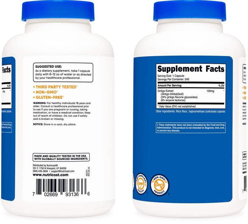 [Australia] - Nutricost Ginkgo Biloba 120mg, 240 Capsules - Extra Strength Ginkgo Biloba Extract - Gluten Free & Non-GMO 240 Count (Pack of 1) 