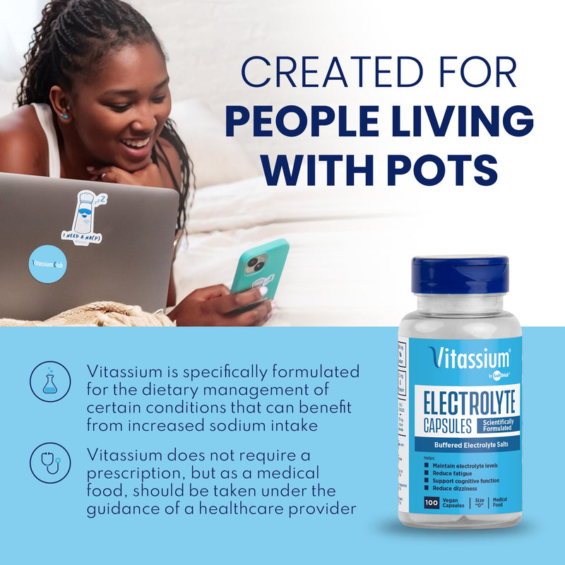 [Australia] - Vitassium Electrolyte Capsules, Electrolytes for Dietary Management of POTS Syndrome Symptoms (500mg Sodium - 100mg Potassium), Unflavored, 100 Buffered Salt Pills 100 Count (Pack of 1) 