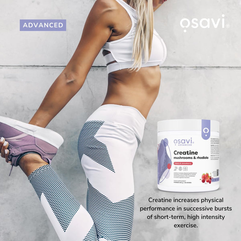Osavi Creatine + Mushrooms & Rhodiola – 300 g Powder | Cherry & Strawberry | with Lion’s Mane, Cordyceps & Chaga | Increases Performance in Short Bursts of high Intensity Exercise | B6, B5, Zinc