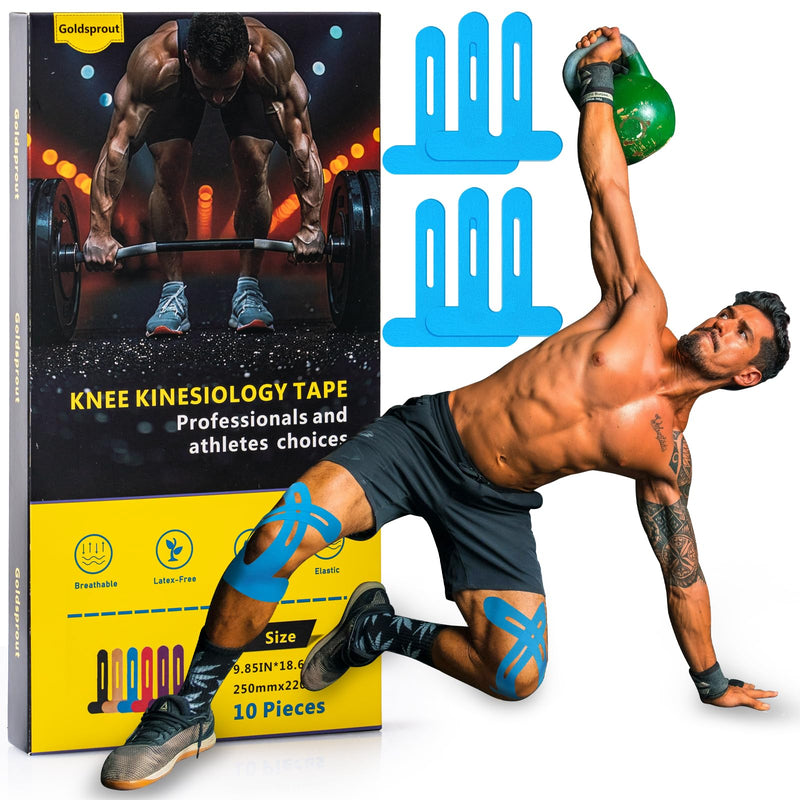 Precut Kinesiology Tape for Knees,10 PCS Waterproof & Breathable Knee Support Tape, Elastic Knee Support & Stability - Athlete-Level Protection - Hypoallergenic Latex-Free (Blue) Blue