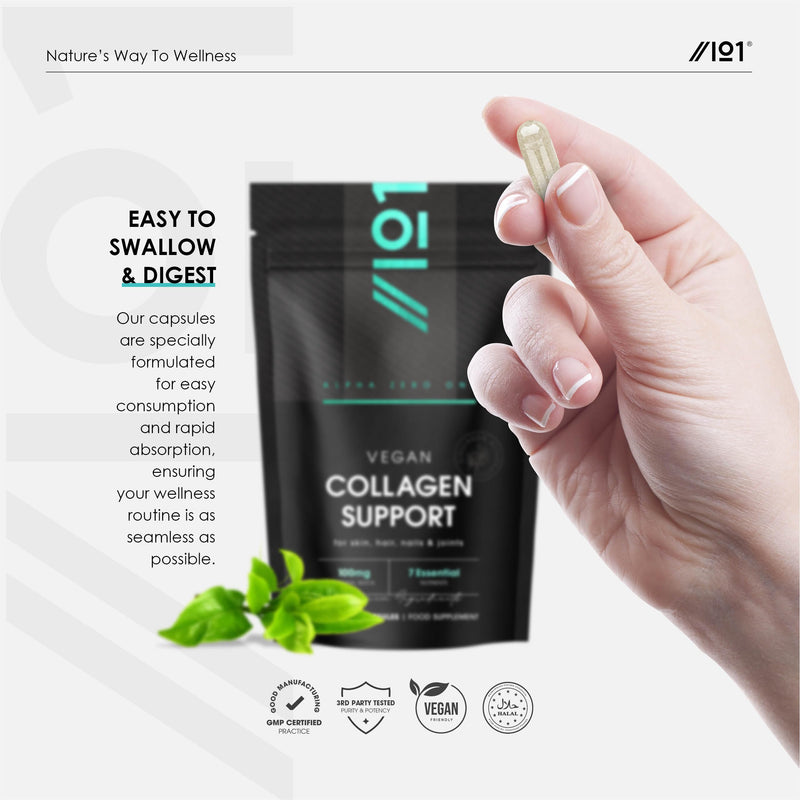 Vegan Collagen Supplements for Women & Men - High Strength 90 Capsules (3 Months Supply) - with Biotin, Lysine, Bamboo Silica, Zinc, Vitamin C, E & A - By Alpha01