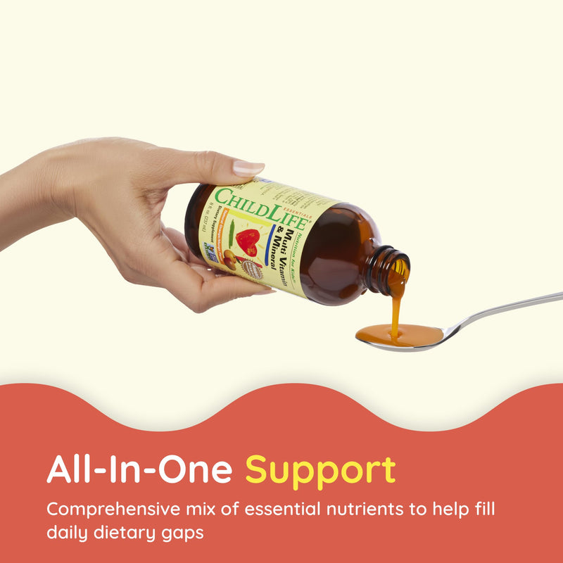 ChildLife Essentials Kids Multivitamin & Mineral, Mango, 8 Fl Oz (2 Pack) | Vitamins for Kids, Liquid Multivitamin Supplement, Toddler & Baby Wellness, Natural, & Mineral Orange Mango 8 Fl Oz (Pack of 2)