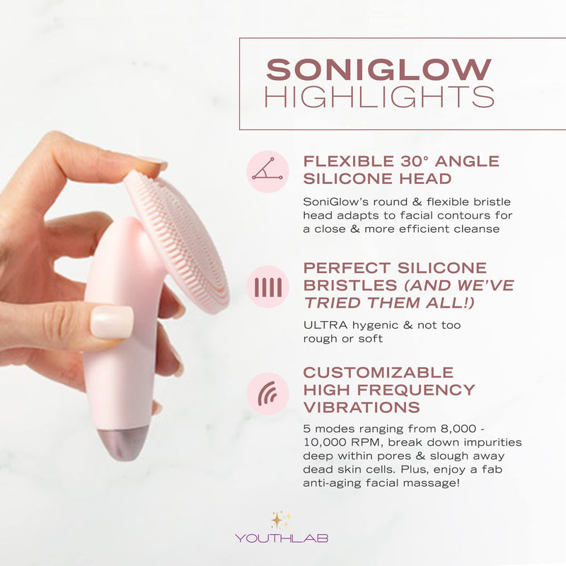 SoniGlow Silicone Facial Cleansing Brush – Electric Vibrating Skincare Scrubber Tool for Deep Pore Cleansing, Gentle Massage, Makeup Removal, Waterproof and Rechargeable (Pink) Pink