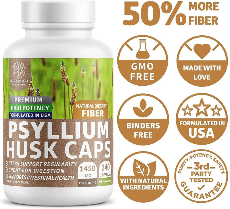 [Australia] - N1N Premium Psyllium Husk Capsules [All Natural,1450 MG] Powerful Soluble Fiber Supplement to Support Regularity and Digestive Health, 240 Caps 