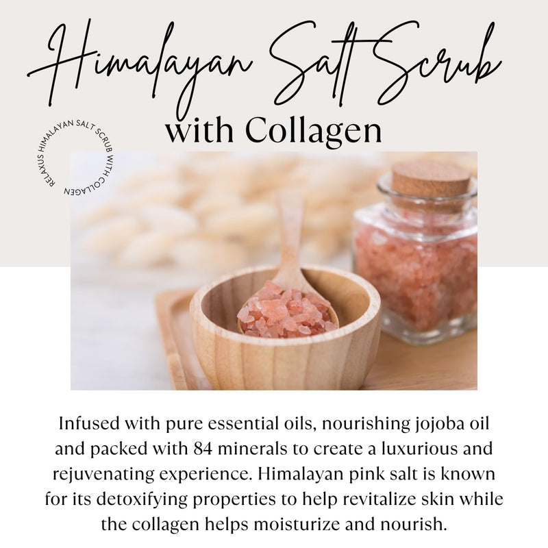 Spa Relaxus Himalayan Salt Scrub with Collagen 17.6 oz Jar, Rejuvenating Hydrating Salt Scrub with 84+ Minerals, Vitamin E, Jojoba Oil and Essential Oils (17.6 oz, Eucalyptus) 17.6 Ounce (Pack of 1)