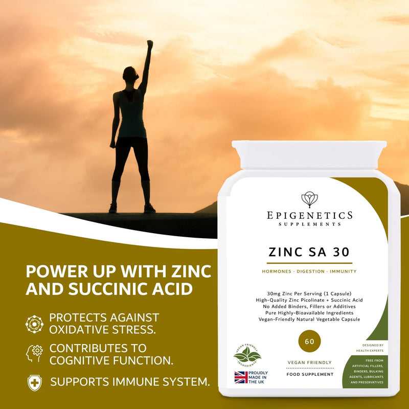 Zinc + Succinic Acid 30 | 30mg Zinc Bisglycinate with 1.5mg Succinic Acid Supplements | High Strength Mineral Supplement | 60 Vegan Friendly Capsules UK Made | 1 Capsule Daily | Long Two Month Supply