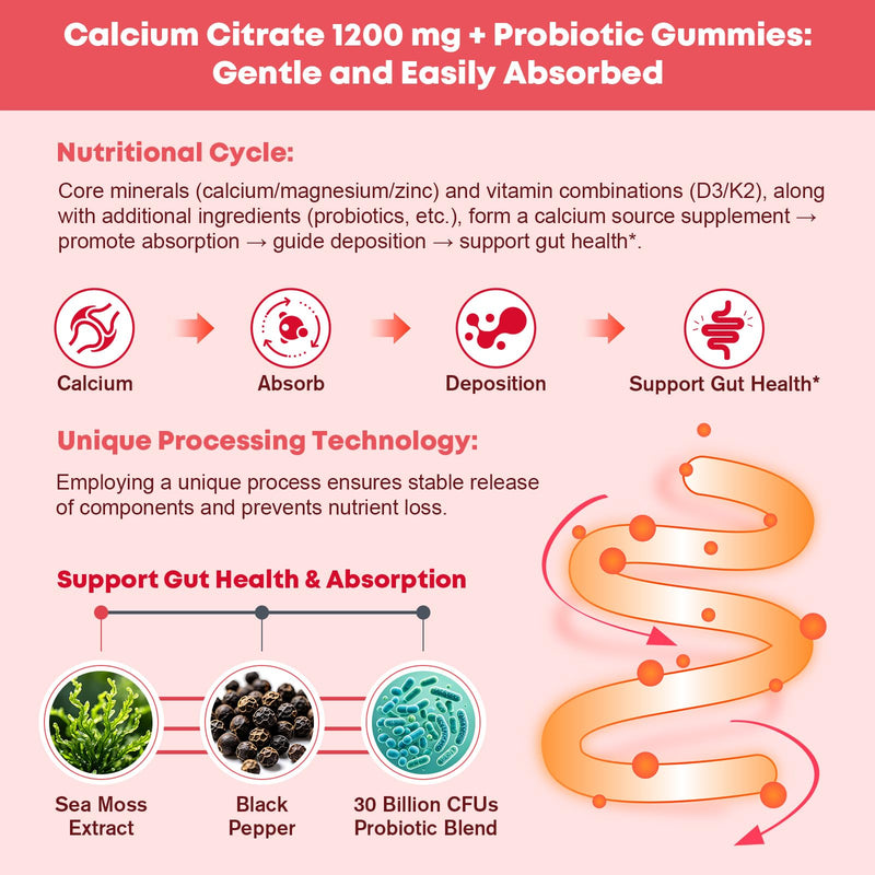 Sugar Free Calcium Citrate 1200 mg + Probiotic Gummies with Vitamin D3, K2, Magnesium – Calcium Gummies for Bone Support*, High Absorption, Women & Men, Vegan, 60 Count