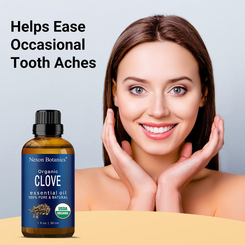 [Australia] - Organic Clove Essential Oil 30 ml - Pure, Undiluted Oil for Tooth Ache Ease - Soothes Sore Muscles - Clove Bud Essential Oil for Teeth, Gums, Toothache, Skin Use and Hair Care - Nexon Botanics 1 Fl Oz (Pack of 1) 
