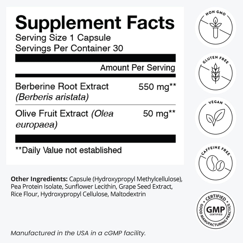 [Australia] - humanN SuperBerine Berberine Supplement - Cholesterol & Metabolic Clinically Researched Support - High Absorbency, Concentrated Dose Formula with Olive Leaf Extract - 30 Capsules 