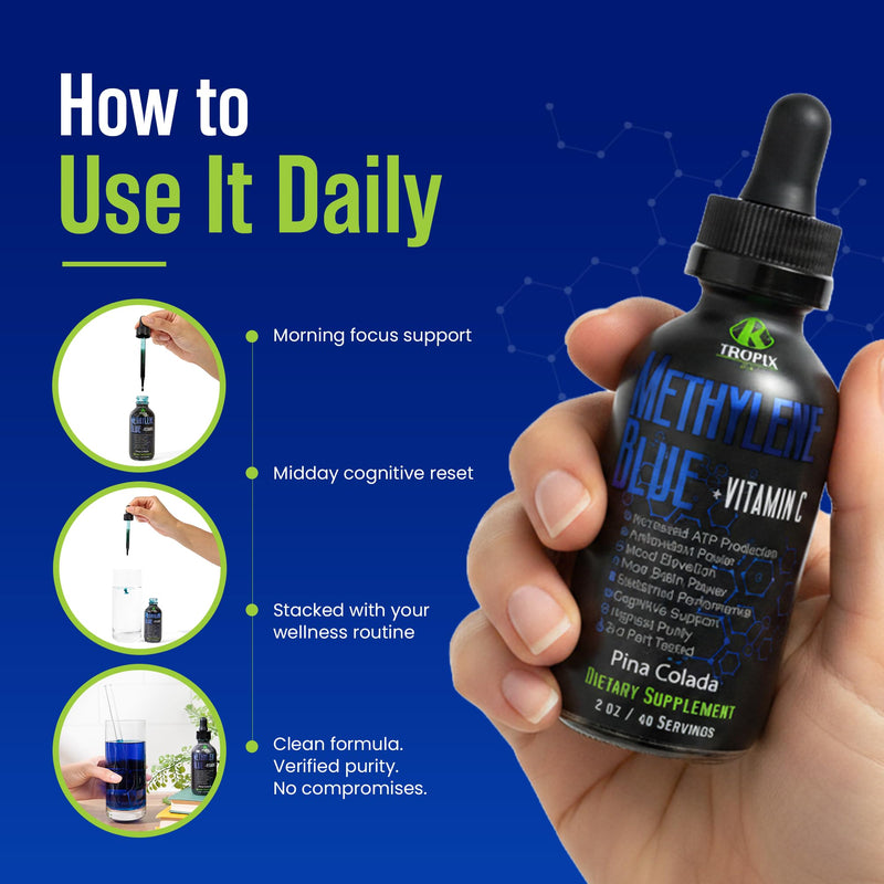 K TROPIX Methylene Blue + Vitamin C, USP Grade, Cellular Energy, 2oz Bottle | Natural Flavors, 97.63% Purity, Cognitive Support & Antioxidant Defense, Clean Formula, GMP-Certified, Lab-Tested