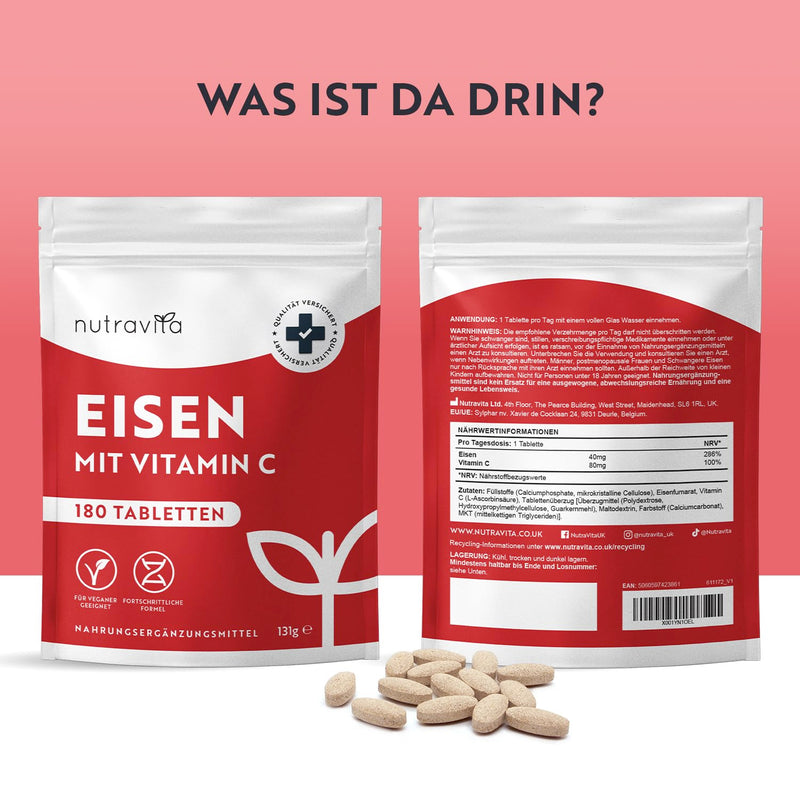 [Australia] - Iron tablets with 40 mg iron + vitamin C (80 mg) - 180 vegan tablets - iron vitamin C high dose - without unwanted additives - 6 month supply - Manufactured by Nutravita 