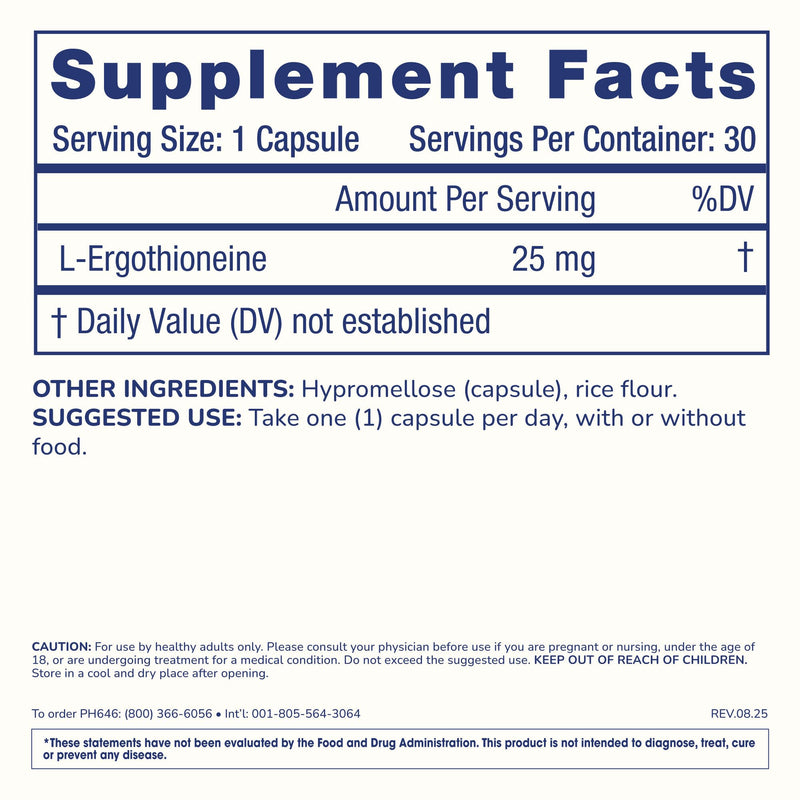 ProHealth Ergothioneine 5X Strength. 25mg Clinical Research Dose. Natural Amino Acid Mushroom Supplement for Improved Cognition, Heart Health. Essential Longevity Vitamin. 25 mg/Serving, 30 Servings | Natural Amino Acid Mushroom Supplement For Improved...