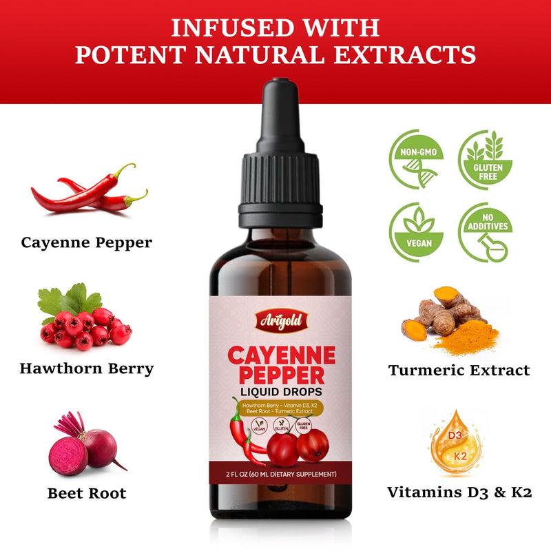 Arigold Cayenne Pepper Drops – Circulation & Energy Support Liquid Supplement with Hawthorn Berry, Beet Root, Turmeric, Vitamins D3 + K2, Ceylon Cinnamon, Berberine & Ginseng – Vegan, Non-GMO, 2 fl oz 2 fl oz (60 ml)