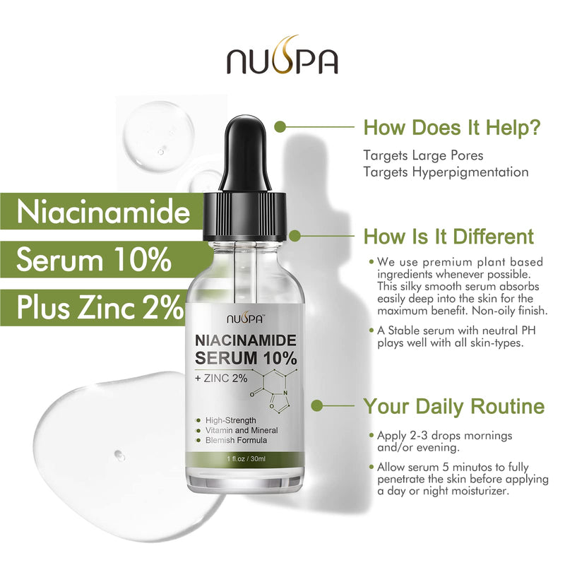 Niacinamide Serum 10% Plus Zinc 2% for Face Skin Care Vitamin B3 Facial Serum with Hyaluronic Acid for Acne Pore Reducer Treatment