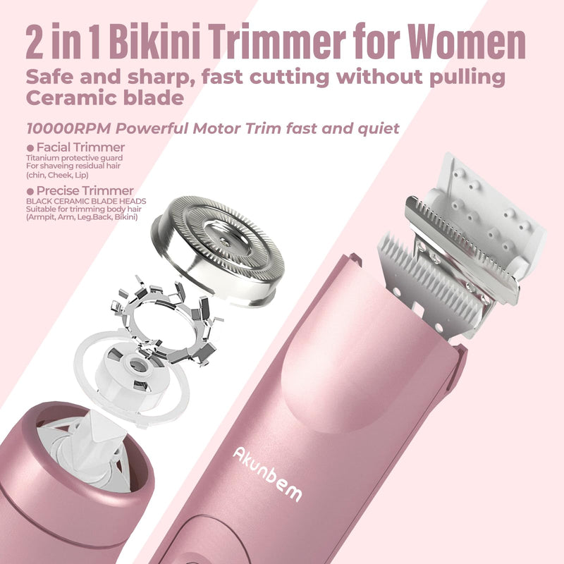 [Australia] - Women Electric Shaver Dual Head Bikini Trimmer for Women IPX7 Waterproof Wet & Dry Use Body Hair Trimmer and Facial Hair Remover for Bikini Underarm Leg Arm Body Face (Pink) Pink 