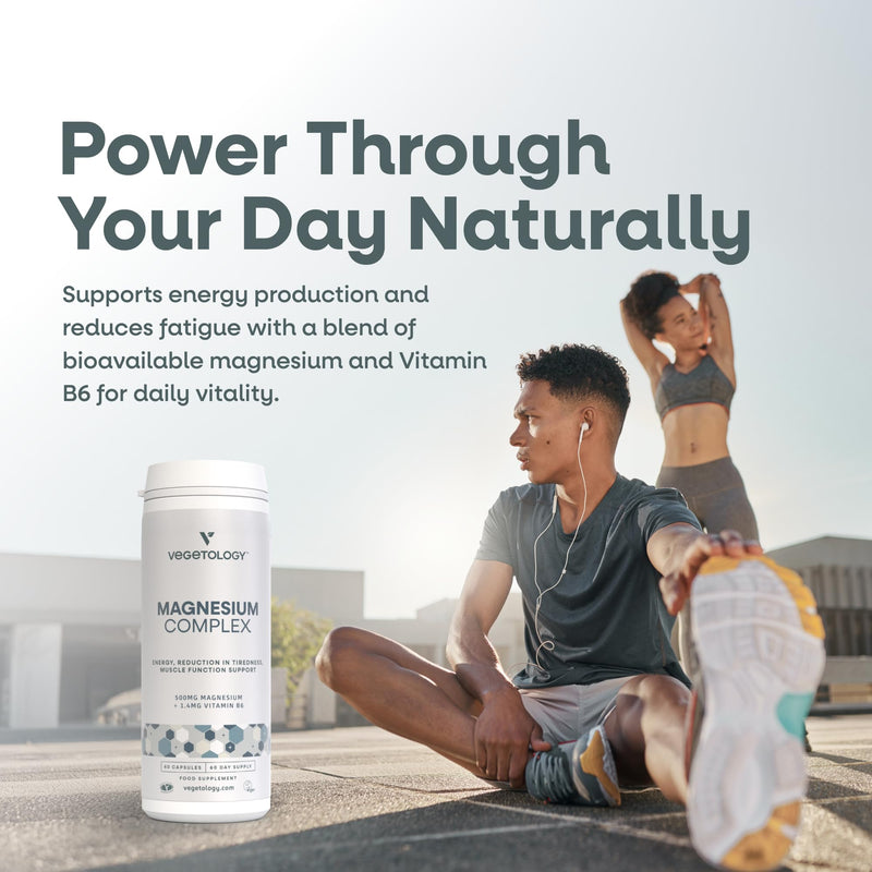 Vegetology Magnesium Supplements with Vitamin B6, 3-in-1 Complex, 60 Vegan Capsules, High Strength, Supports Energy, Muscle Function, and Overall Wellness, Age 11+