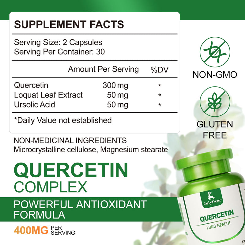 JulyDeer Quercetin 400 mg, Loquat Leaf Extract, Ursolic Acid 120 Capsules | Healthy Immune Support Supplements, High Bioavailable Flavonoids, Natural Antioxidant – Non-GMO, No Gluten - 2 btls 2 Btls 120 Capsules