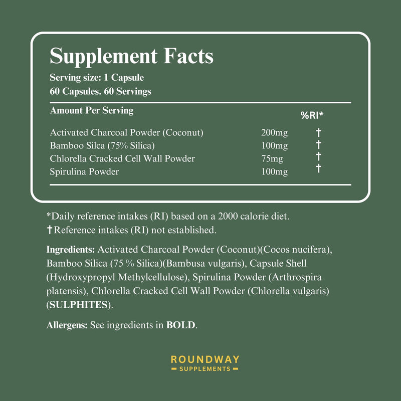 Binder & Detox Supplement with Activated Charcoal, Chlorella, Spirulina & Silica. Advanced Full Spectrum Binder for Cleanse & Detox | 60 Capsules | Made in The UK by Roundway Supplements