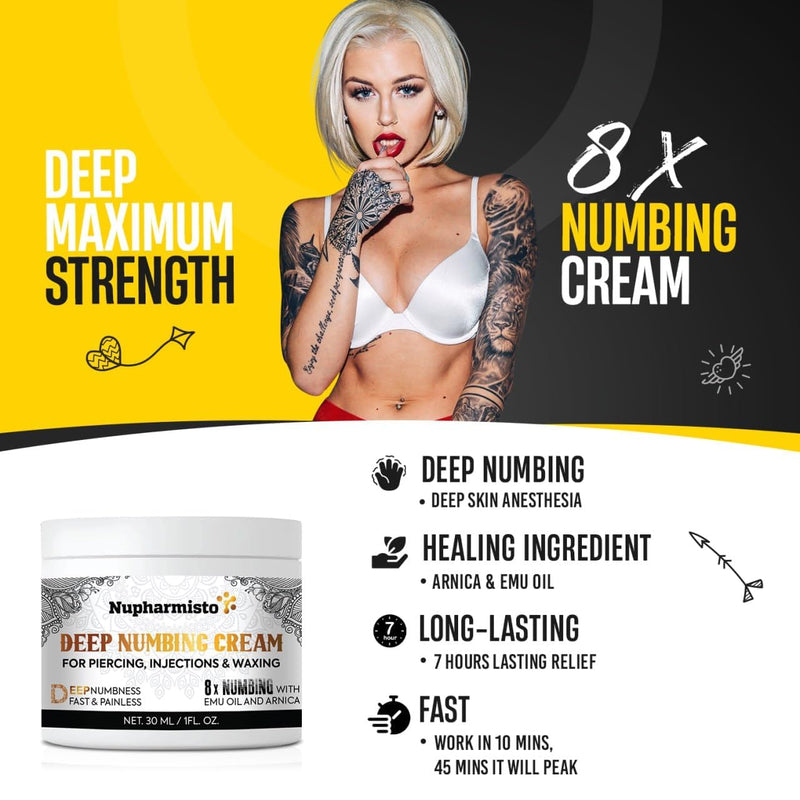 [Australia] - Deep Numbing Cream for Piercing, Injections& Tattoos, Fast Numbing for Waxing, 7 Hours Maximum Strength Painless Numbing Cream for Injections, 8x Numbing with Emu Oil and Arnica. 30ml/1oz 
