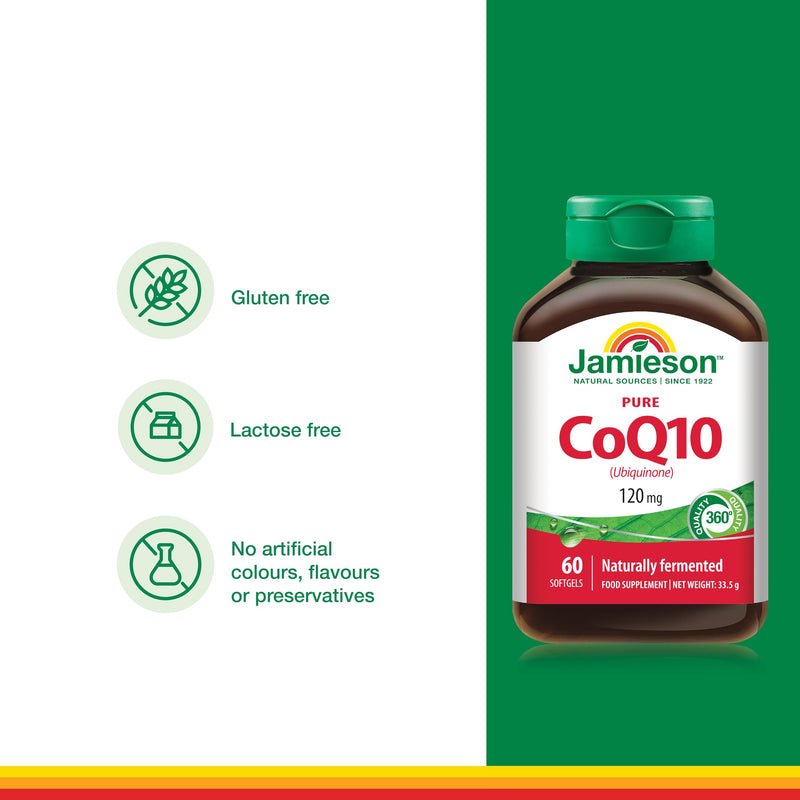 Jamieson CoQ10 120mg, Pure, Ubiquinone, Naturally Fermented, Gluten-Free, Lactose-Free, No Artificial Colours, Flavours or preservatives, 60 Softgels