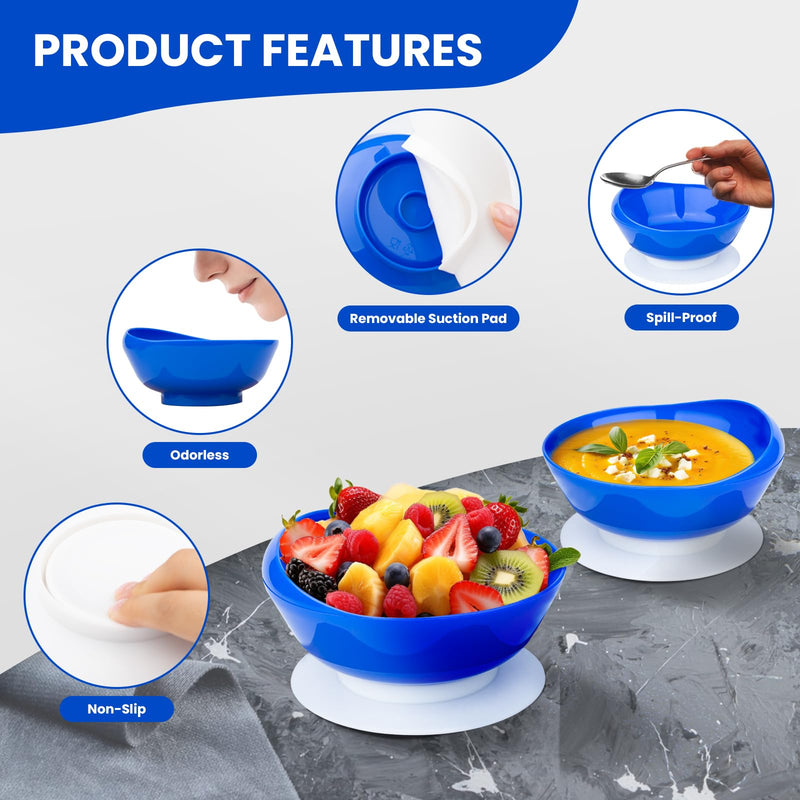 [Australia] - 2Pack Spill Proof Scoop Bowl with Non-Skid Suction Base, Adaptive Self-Feeding Dinnerware for Elderly and Disabled Two Bowls Blue 