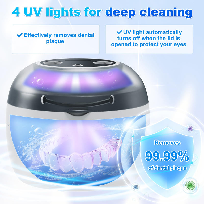[Australia] - 2025 Ultrasonic Retainer Cleaner, 4 UV Lights, 45kHz Deep Clean, Retainer Cleaner Machine for Dentures, Anti Grinding Mouth Guard, Braces, Toothbrush Heads, Toothbrush 