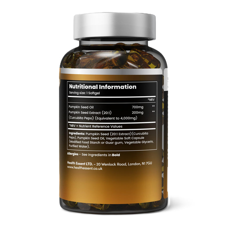 HealthEssent Pumpkin Seed Oil & Extract Capsules 4700mg Complex, Curcubita Pepo Omega 6 & 9 - High Strength Pumpkin Seed Oil for Hair & Prostate Support, Vegan & Non-GMO - 90 Softgels