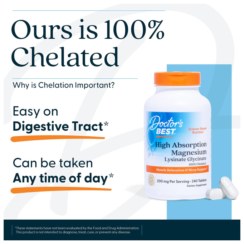 Doctor's Best High Absorption Magnesium Glycinate Lysinate Supplement for Sleep Support - Chelated Magnesium Tablets for Women & Men, 200mg per Serving, Supports Calm & Relaxation, Vegan - 240 Count 240 Count (Pack of 1)