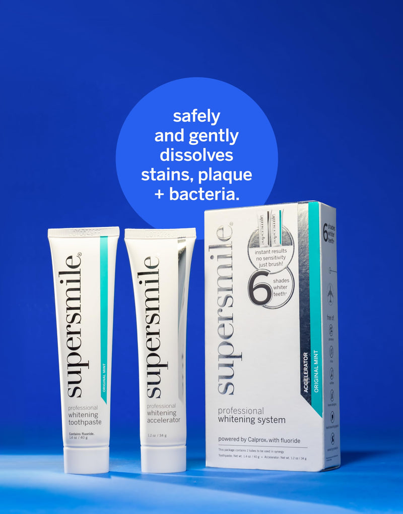 Supersmile Whitening System, Toothpaste + Accelerator, Original Mint | Calprox® 2-Step Whitening System, Whitens Up to 7 Shades in 7 Days, RDA 65 Low Abrasion, Veneer Safe, Cavity Protection 1 Month