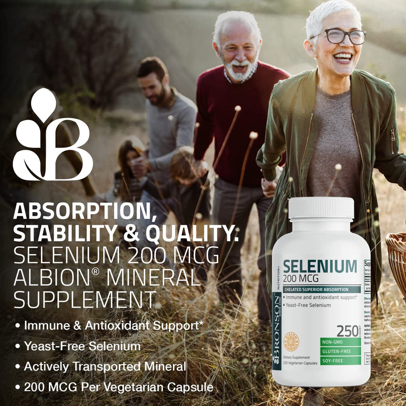 [Australia] - Bronson Selenium 200 mcg – Yeast Free Chelated Amino Acid Complex - Essential Trace Mineral with Superior Absorption, 250 Vegetarian Capsules 250 Count (Pack of 1) 