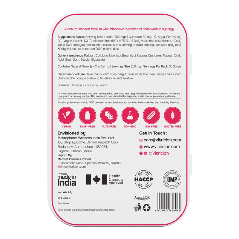Vitricion Joint Health Oral Strips | 60 Oral Strips | Curcumin, Vitamin D3, AquaLOX | Supports Joint Comfort & Flexibility | Cranberry Flavour | Fast Dissolving Supplement Strips, No Water Needed Pack of 2 (90 Oral Strips)