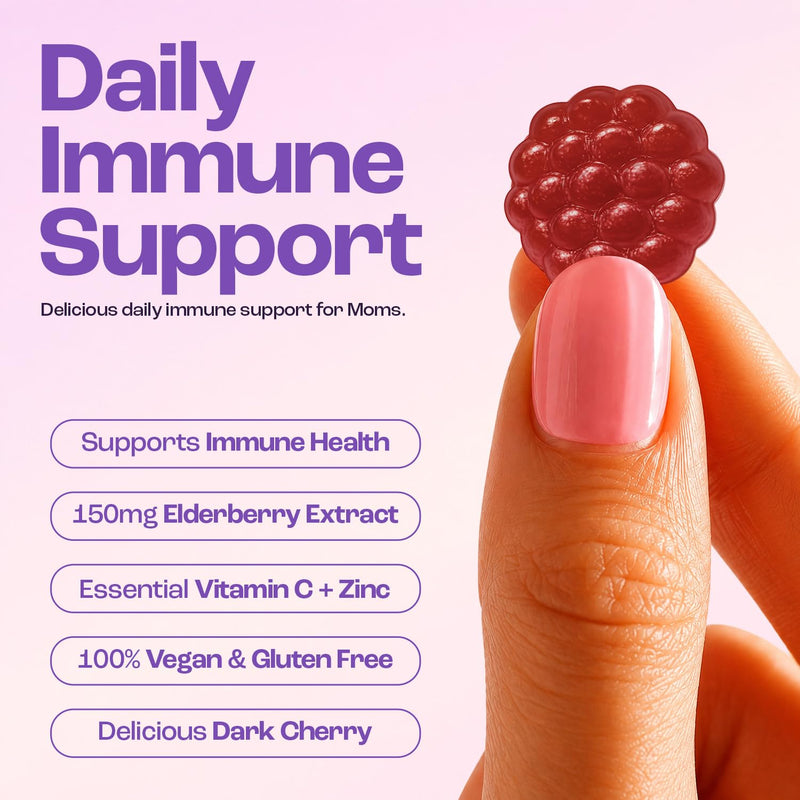 Baby Blues Berry Boost Elderberry Gummies for Women, Postnatal Immune Support with Vitamin C and Zinc for Moms, Postpartum and Breastfeeding, Dark Cherry, Vegan, 60 Count
