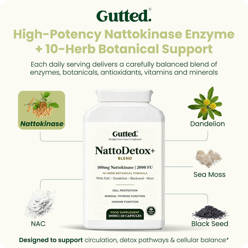 Gutted™ Nattokinase 100mg 2000 FU |High Strength, 60 Capsules,Enzymes | Heart, Blood Pressure & Circulation Support | Vitamin D, Black Seed, Selenium & Dandelion | Non GMO, No Fillers | UK