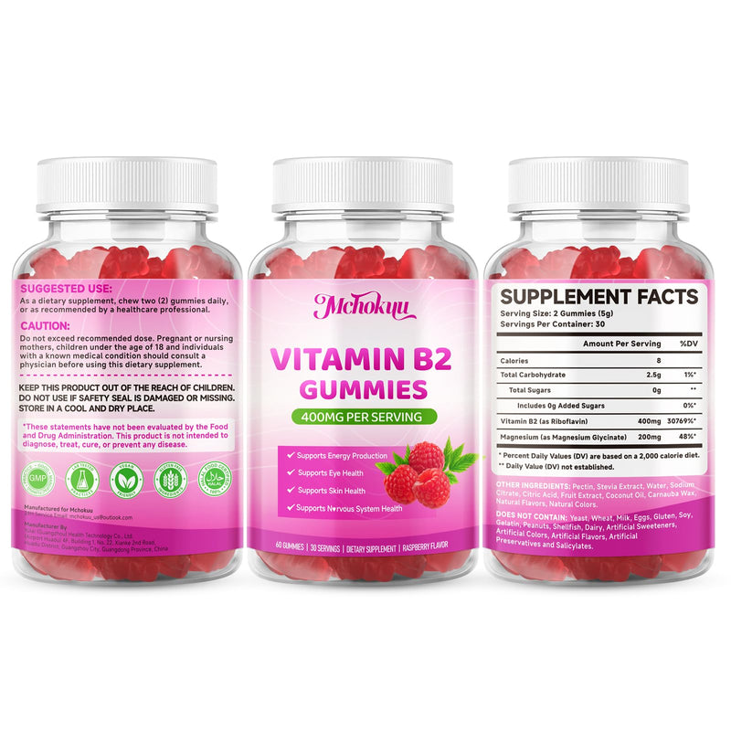 Vitamin B2 Gummies 400mg – Riboflavin Supplement with Magnesium for Kids & Adults | Supports Nervous System & Energy Production | Sugar Free, Vegan, Non-GMO, Raspberry Flavor - 120 Count 60 Count (Pack of 2)