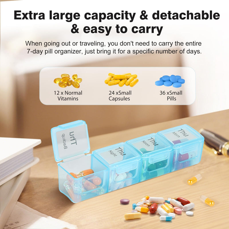 Large Weekly Pill Organizer, 4 Times a Day, 7-Day Moisture-Proof Pill Box with 28 compartments, Capable of Accommodating Large Amounts of Vitamins, Supplements, Fish Oil, and Medicine (Gray Rainbow) Gray Rainbow