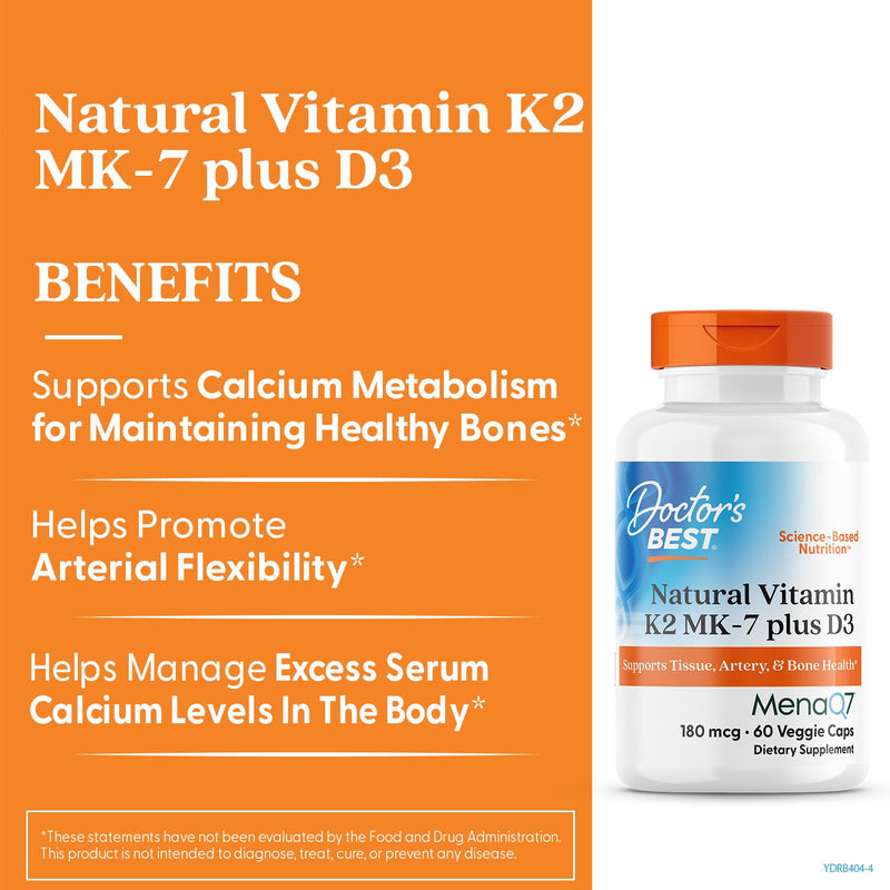 Doctor's Best Natural Vitamin K2 MK-7 Plus D3 - VIT D3 and K2 MK7 Supplement for Men & Women, Supports Tissue, Artery, & Bone Health, Non-GMO, Gluten Free, Soy Free, Vegetarian - 60 Veg Caps