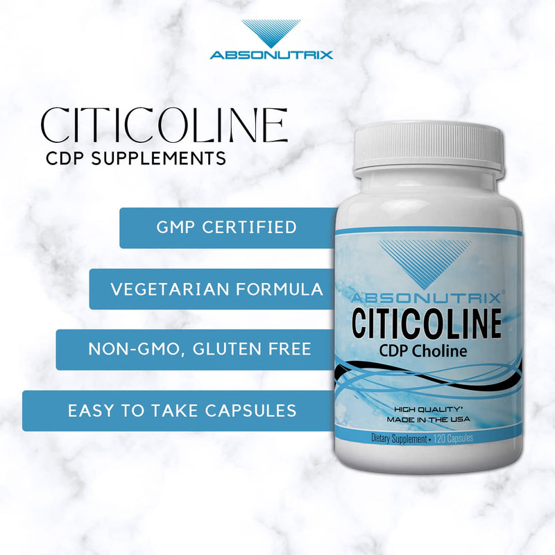 [Australia] - Absonutrix Citicoline CDP Choline 530mg, Nootropic Supplement, GMP Certified, Third-Party Tested, Easy to Swallow, 120 Veg caps, Improves Cognitive Skills, Supports Memory, Non-GMO, Made in USA 