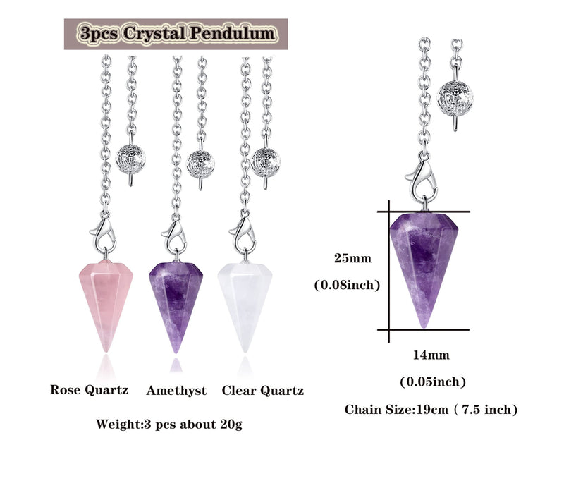 [Australia] - DUQGUHO 3 Pcs Crystal Pendulums Set for Divination Dowsing Natural Amethyst Rose Quartz Clear Quartz Healing Crystal Quartz Reiki Gemstone Pendants Witchcraft Wiccan Accessories 01 Amethyst,rose Quartz,clear Quartz 