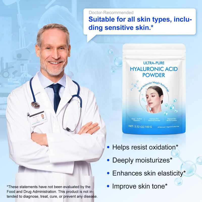 [Australia] - Hyaluronic Acid Powder for Skin (3.52 oz) - 100% Pure Hyaluronic Acid Powder, DIY Organic Hydrating Serum & Anti-Aging Ingredient, 1 Scoop = 1 Bottle of Essence 