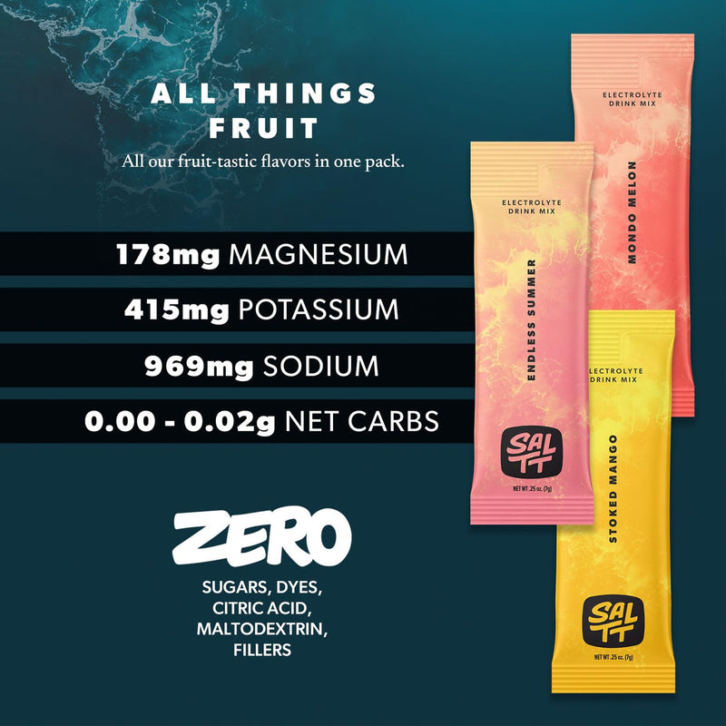 [Australia] - SALTT Electrolytes Powder Flavored Drink Mix - All Things Fruit - 30 Hydration Packets - Magnesium, Potassium, Sodium, Trace Minerals - Zero Sugar & Gluten Free - Travel Essentials - By Keto Chow Variety - Fruity 