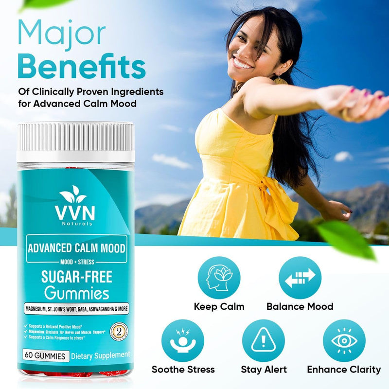 [Australia] - Sugar Free 22 in 1 Calm Mood Gummies St. John's Wort, 5-HTP, GABA, Ashwagandha| Magnesium Glycinate Gummies | Non-GMO, Natural Support Stress & Relaxation, Mood & Energy | Vegan, 60 ct. 