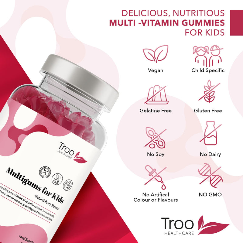 Troo Health Care Multigums for Kids - 150 Natural Berry Chewable Gummies | Multivitamin & Mineral Gummies - Vegan, Non-GMO Includes Vitamins A, B3, B5, B6, B12, C, D2, E, Biotin, Folic Acid & Zinc 1 count (Pack of 1)